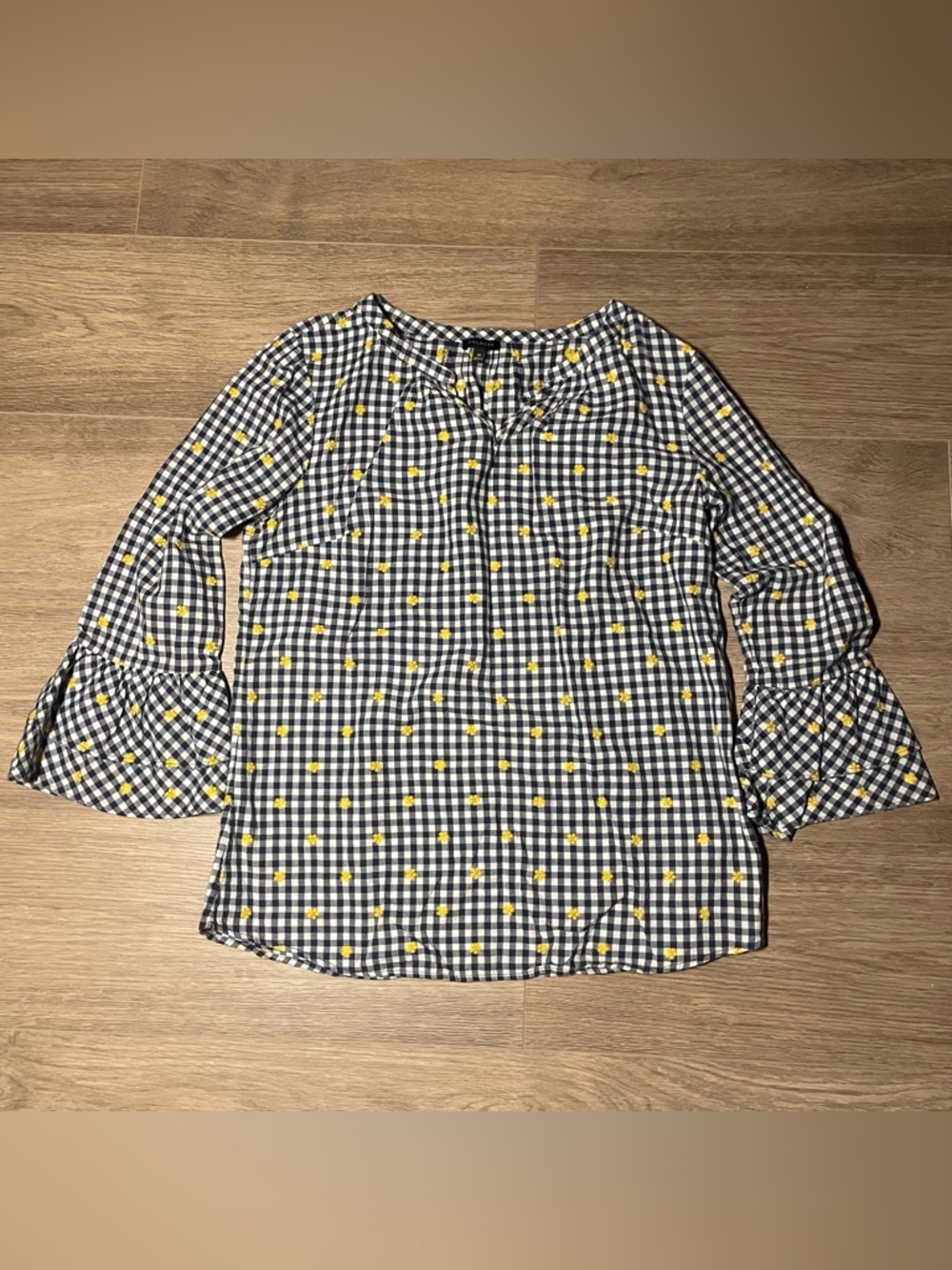 Talbots Floral Plaid Summer Blouse Women’s Medium Puff Sleeve 100% Cotton Daisy